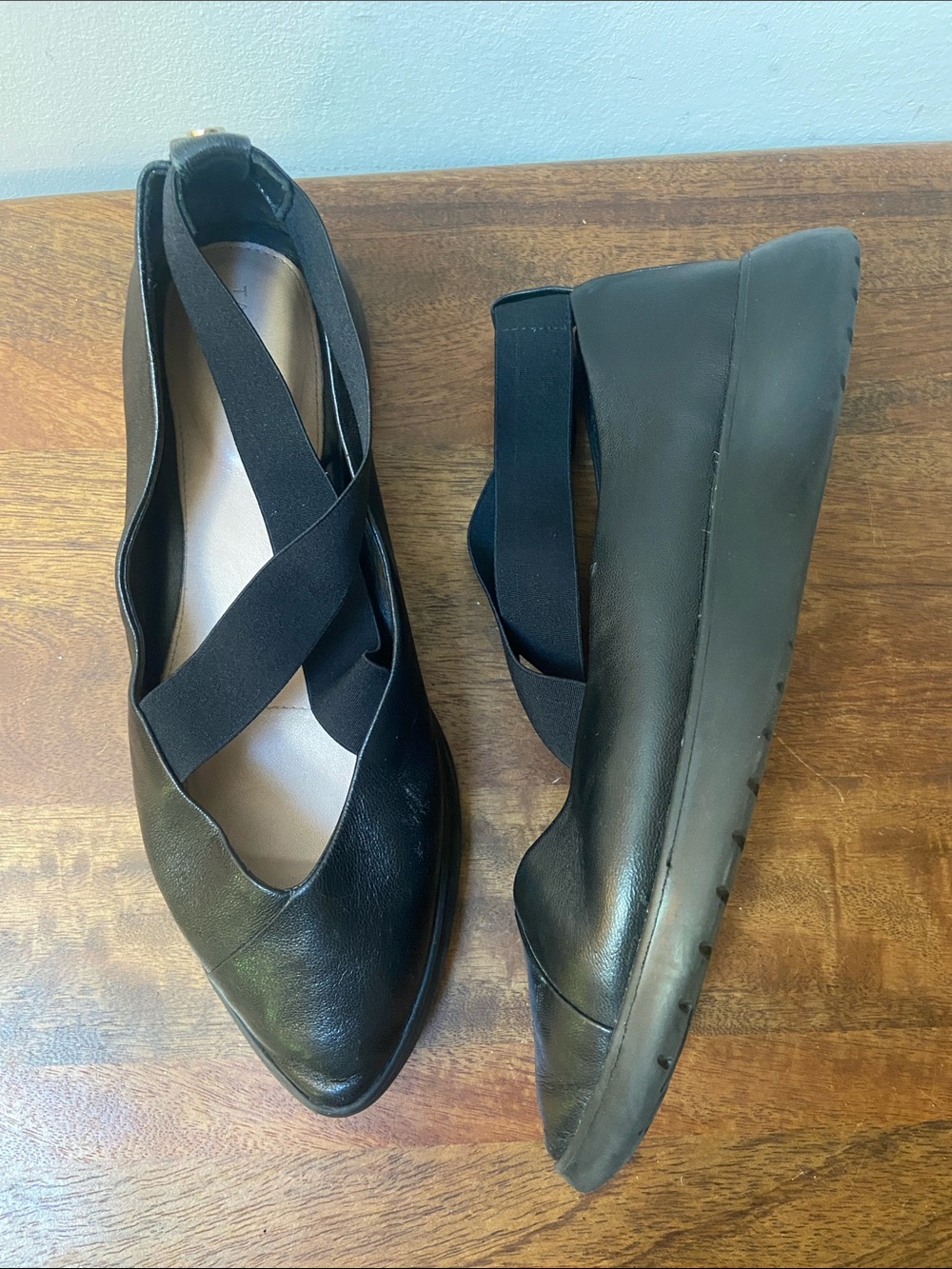 Taryn Rose Danielle Black Leather Pointed Flats with Cross Straps